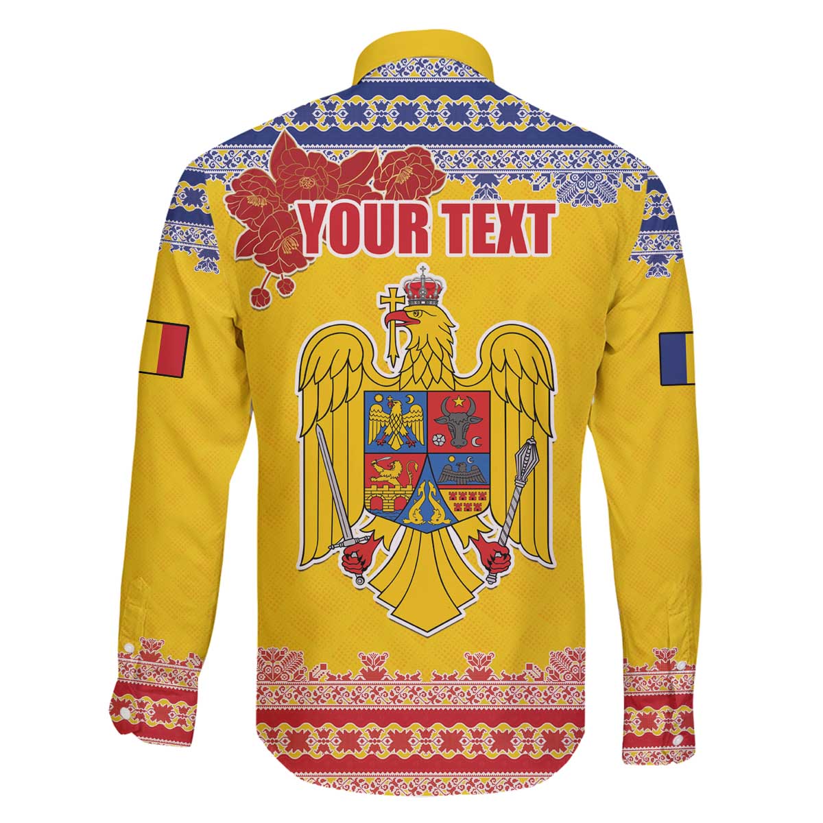 Personalized Vintage Romania Coat of Arms Family Matching Off The Shoulder Long Sleeve Dress and Hawaiian Shirt Golden Eagle with Romanian Peony
