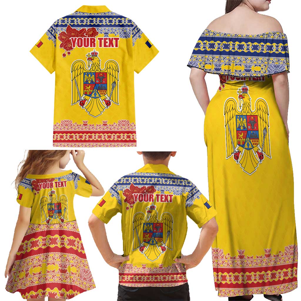 Personalized Vintage Romania Coat of Arms Family Matching Off Shoulder Maxi Dress and Hawaiian Shirt Golden Eagle with Romanian Peony