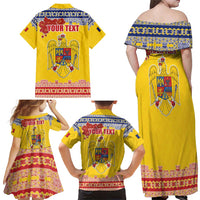 Personalized Vintage Romania Coat of Arms Family Matching Off Shoulder Maxi Dress and Hawaiian Shirt Golden Eagle with Romanian Peony