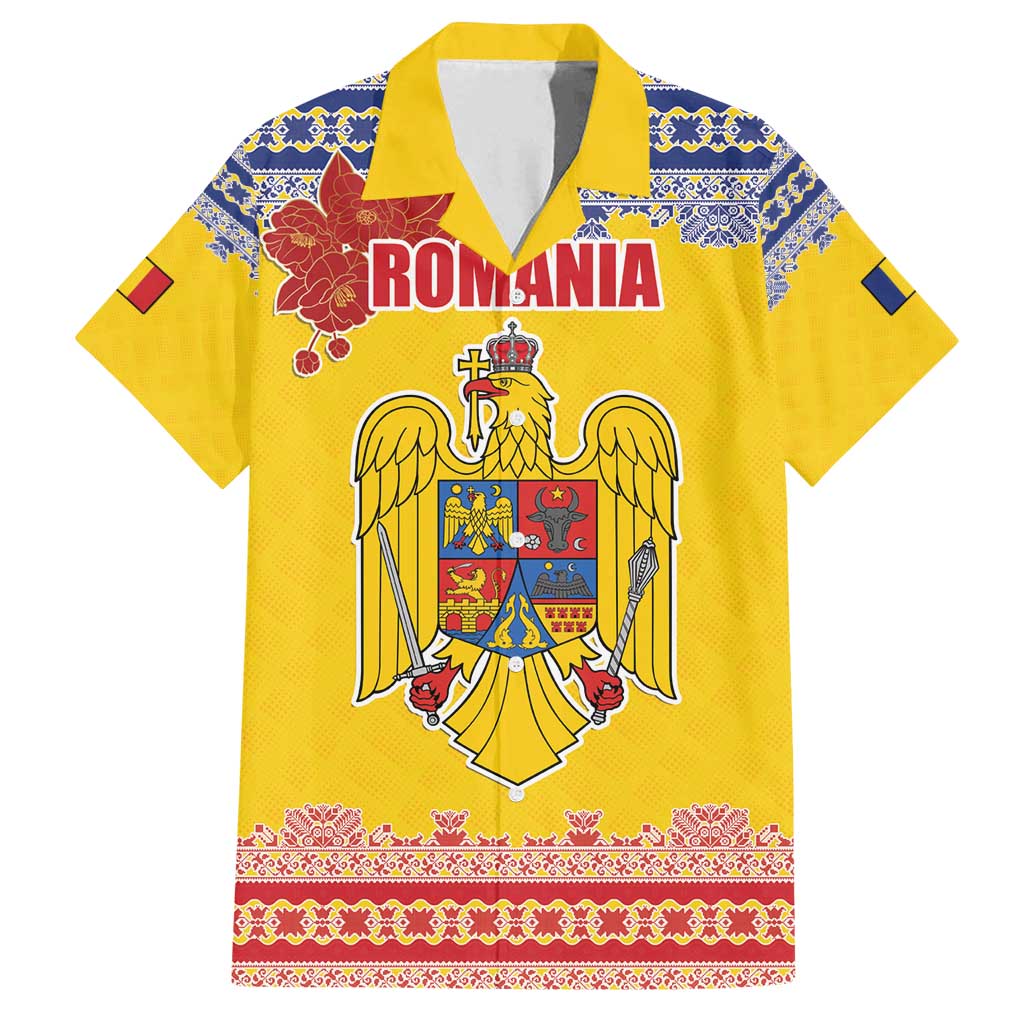 Personalized Vintage Romania Coat of Arms Family Matching Off Shoulder Maxi Dress and Hawaiian Shirt Golden Eagle with Romanian Peony