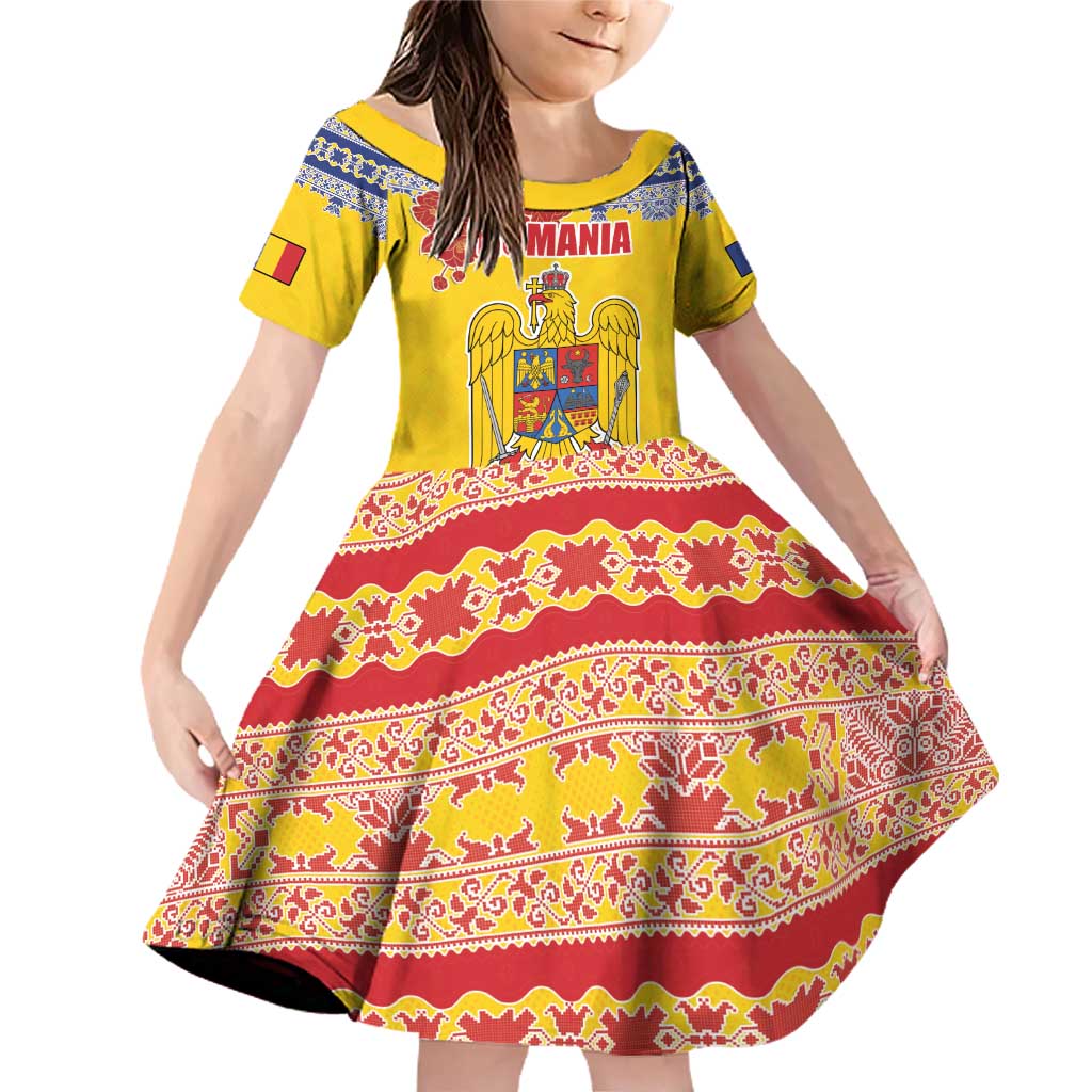 Personalized Vintage Romania Coat of Arms Family Matching Off Shoulder Short Dress and Hawaiian Shirt Golden Eagle with Romanian Peony