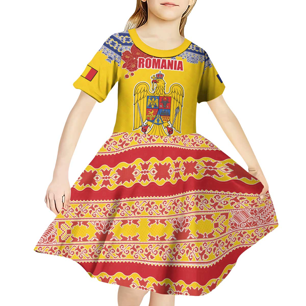 Personalized Vintage Romania Coat of Arms Kid Short Sleeve Dress Golden Eagle with Romanian Peony