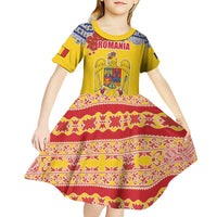 Personalized Vintage Romania Coat of Arms Kid Short Sleeve Dress Golden Eagle with Romanian Peony