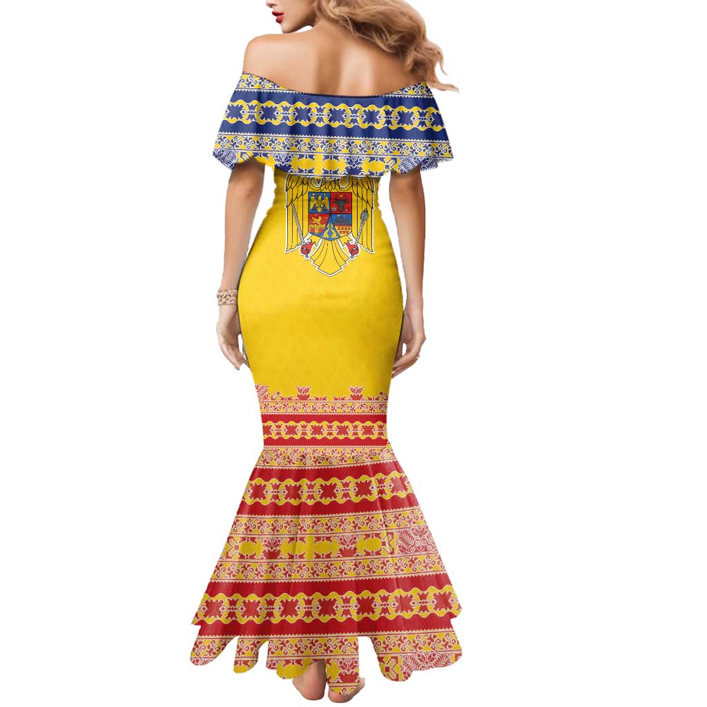 Personalized Vintage Romania Coat of Arms Mermaid Dress Golden Eagle with Romanian Peony