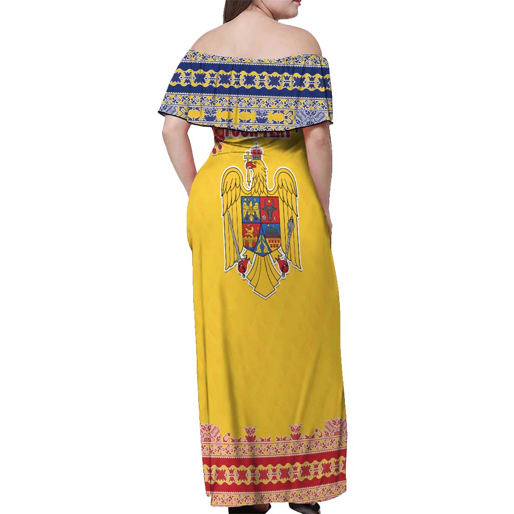 Personalized Vintage Romania Coat of Arms Off Shoulder Maxi Dress Golden Eagle with Romanian Peony