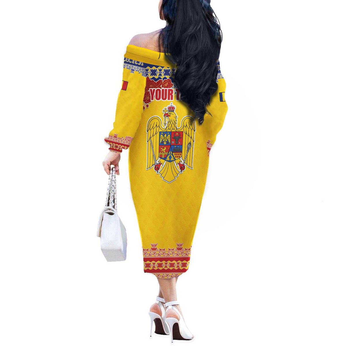 Personalized Vintage Romania Coat of Arms Off The Shoulder Long Sleeve Dress Golden Eagle with Romanian Peony