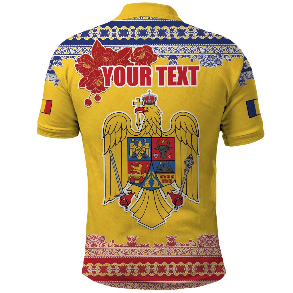 Personalized Vintage Romania Coat of Arms Polo Shirt Golden Eagle with Romanian Peony