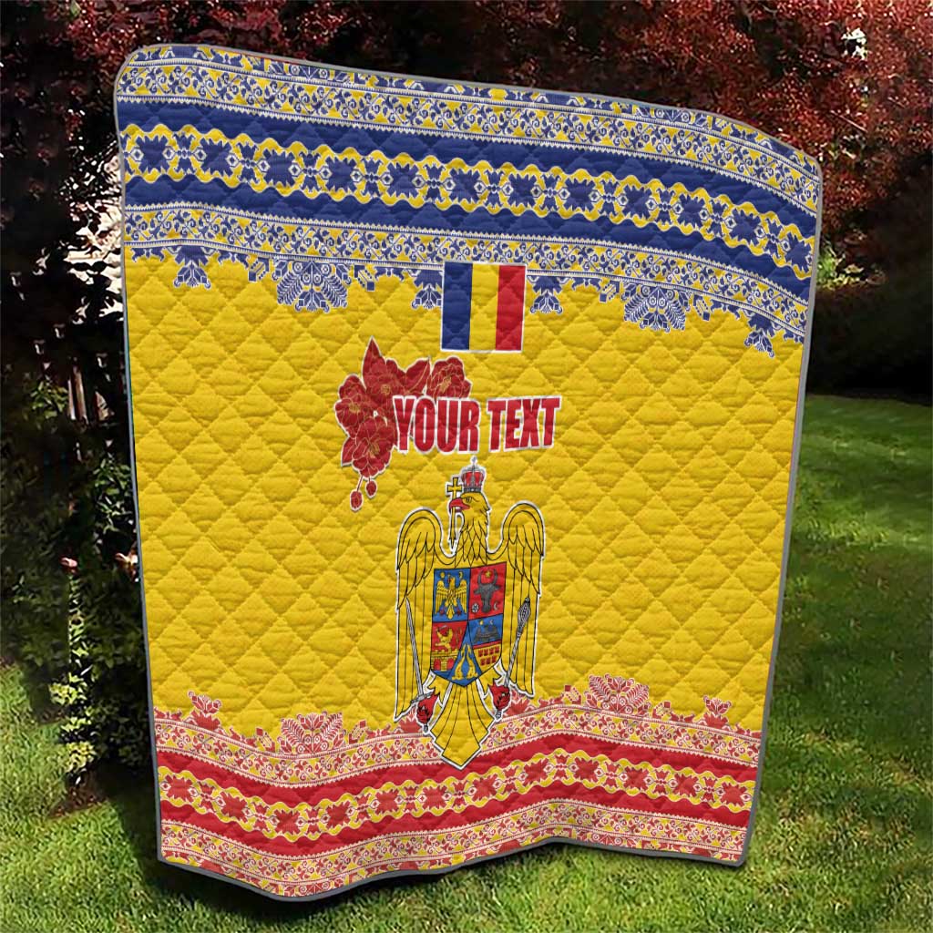 Personalized Vintage Romania Coat of Arms Quilt Golden Eagle with Romanian Peony