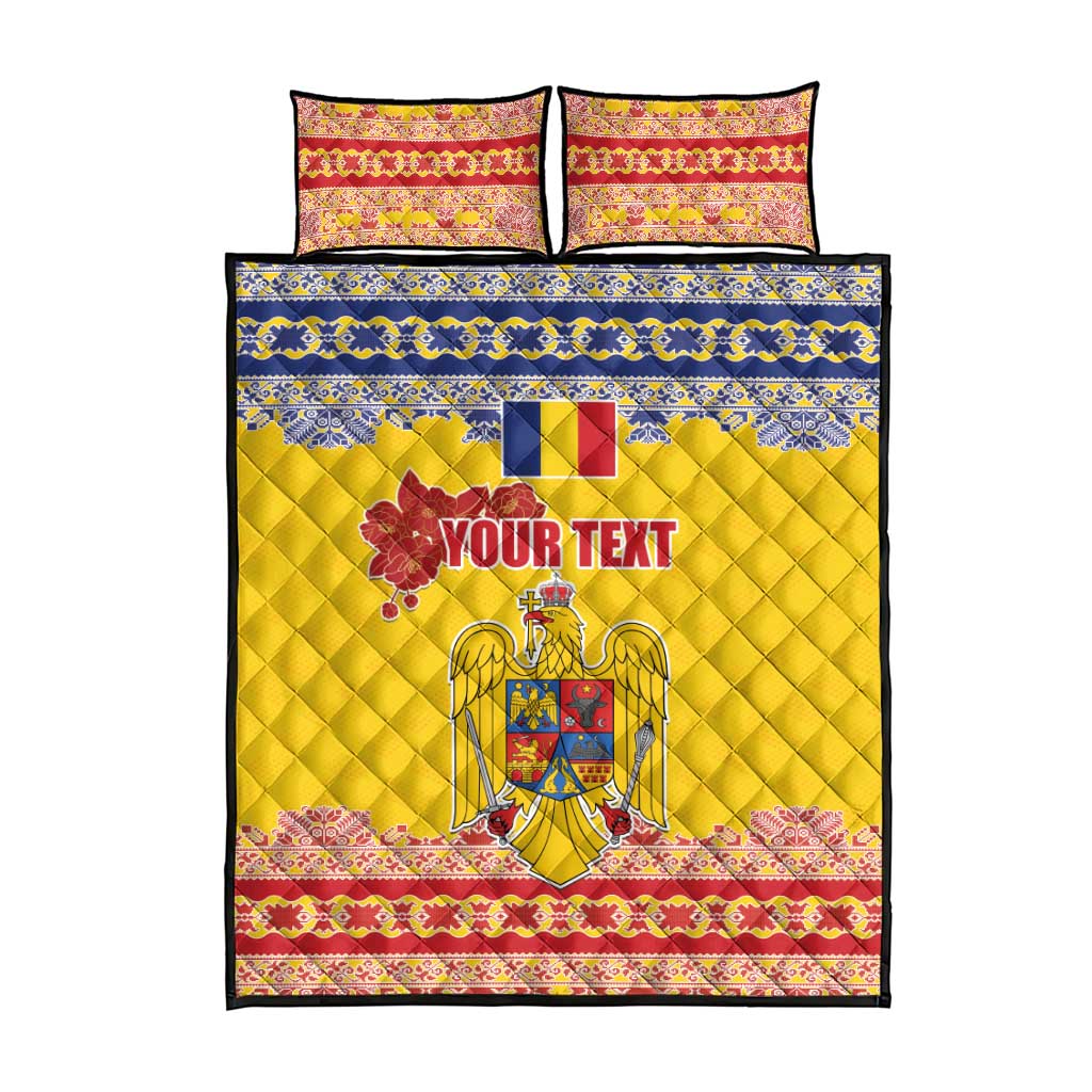 Personalized Vintage Romania Coat of Arms Quilt Bed Set Golden Eagle with Romanian Peony