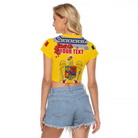 Personalized Vintage Romania Coat of Arms Raglan Cropped T Shirt Golden Eagle with Romanian Peony