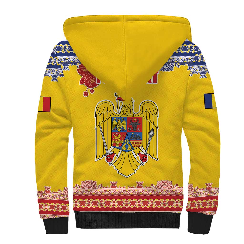 Personalized Vintage Romania Coat of Arms Sherpa Hoodie Golden Eagle with Romanian Peony