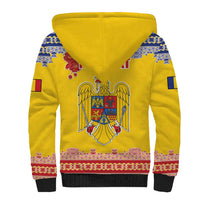 Personalized Vintage Romania Coat of Arms Sherpa Hoodie Golden Eagle with Romanian Peony