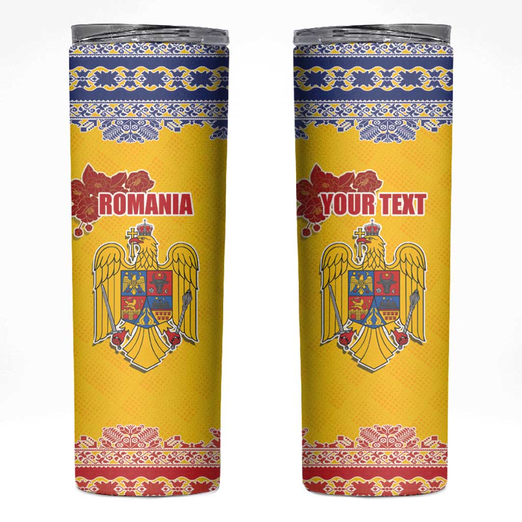 Personalized Vintage Romania Coat of Arms Skinny Tumbler Golden Eagle with Romanian Peony