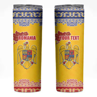 Personalized Vintage Romania Coat of Arms Skinny Tumbler Golden Eagle with Romanian Peony