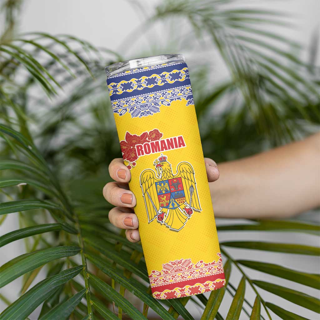 Personalized Vintage Romania Coat of Arms Skinny Tumbler Golden Eagle with Romanian Peony