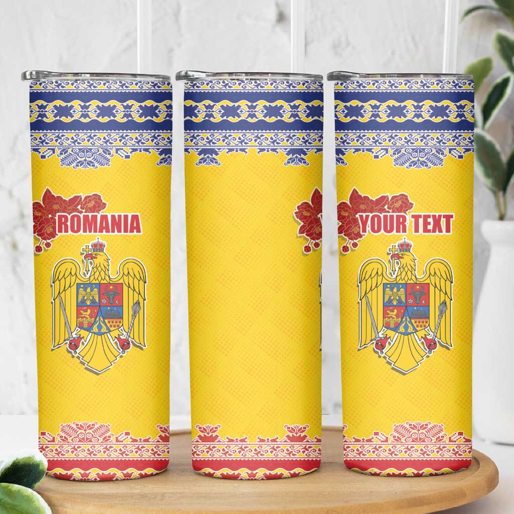 Personalized Vintage Romania Coat of Arms Skinny Tumbler Golden Eagle with Romanian Peony