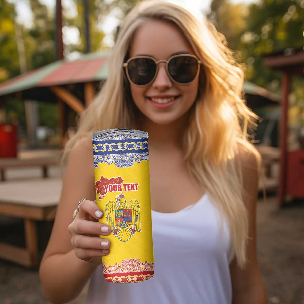 Personalized Vintage Romania Coat of Arms Skinny Tumbler Golden Eagle with Romanian Peony