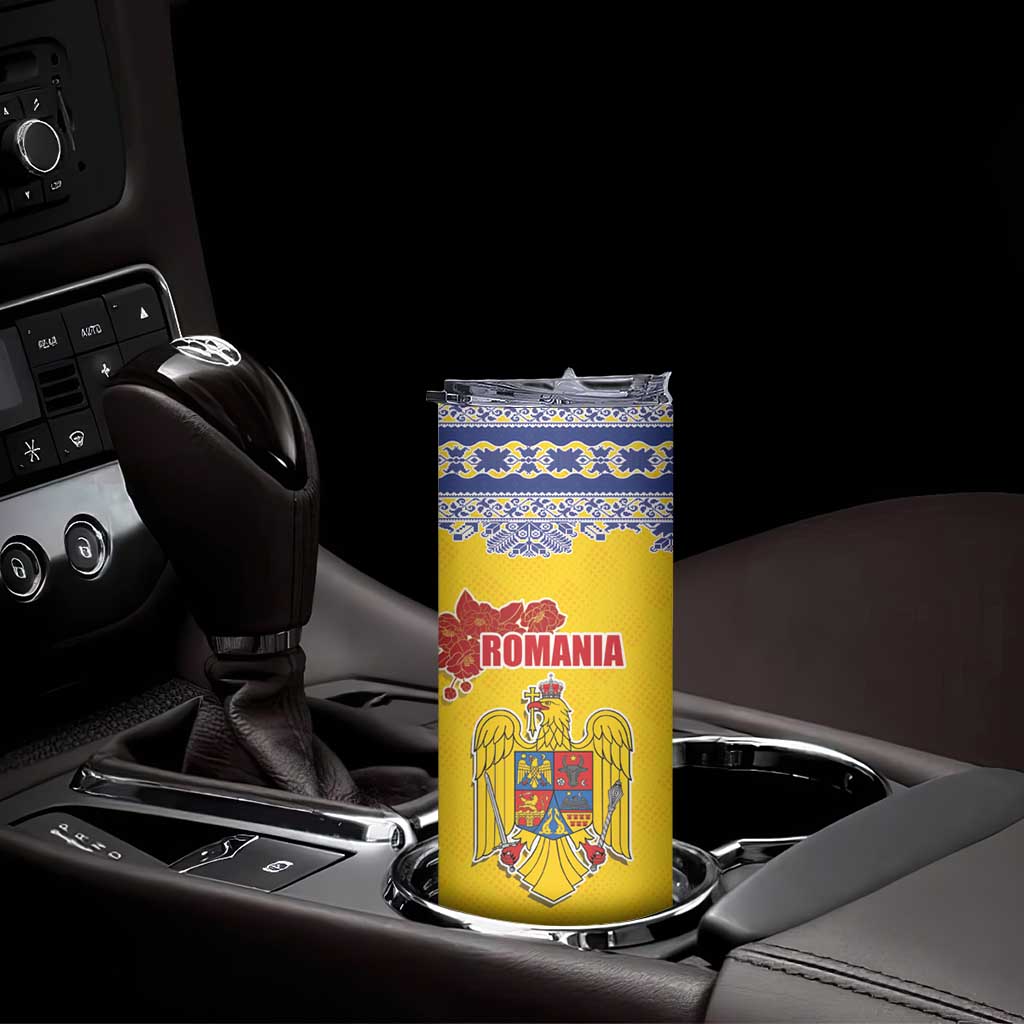 Personalized Vintage Romania Coat of Arms Skinny Tumbler Golden Eagle with Romanian Peony