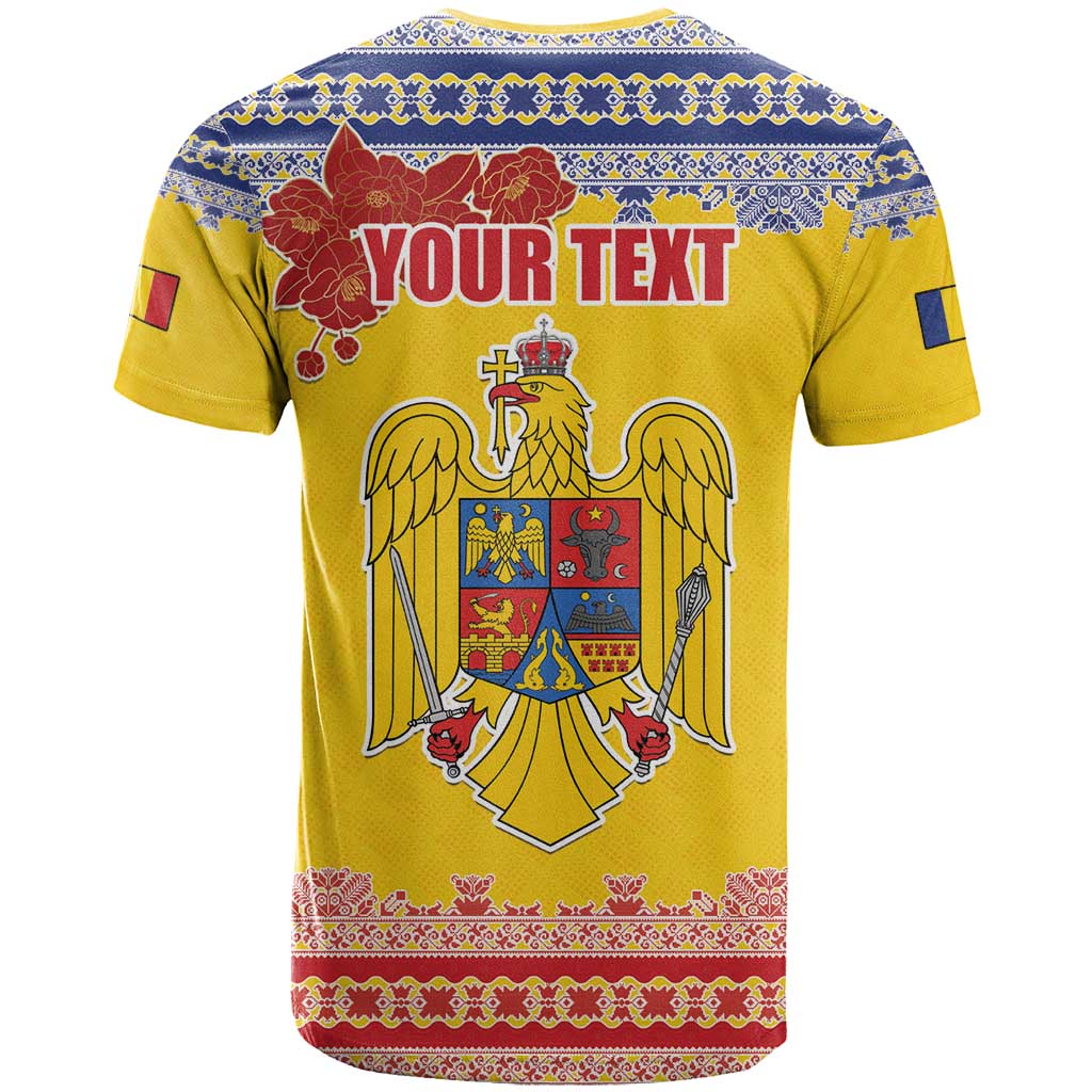 Personalized Vintage Romania Coat of Arms T Shirt Golden Eagle with Romanian Peony