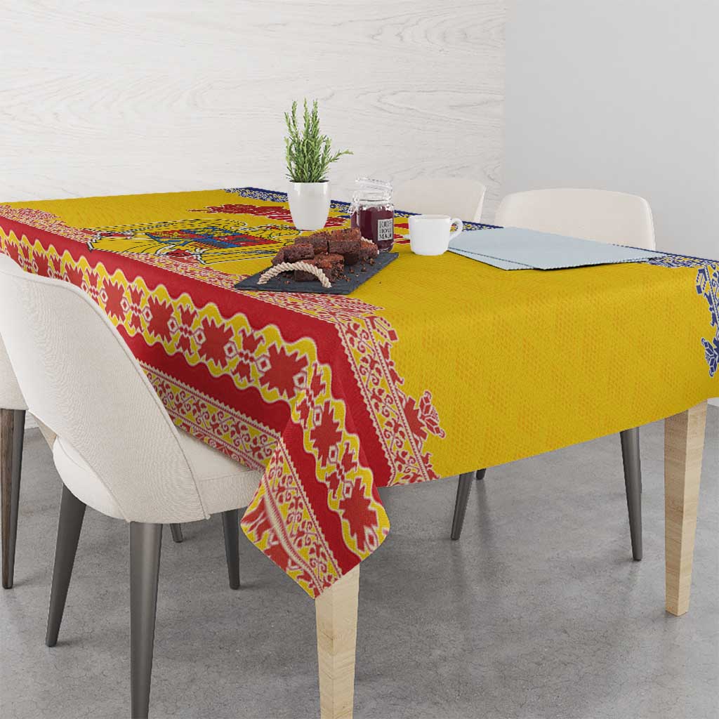 Personalized Vintage Romania Coat of Arms Tablecloth Golden Eagle with Romanian Peony
