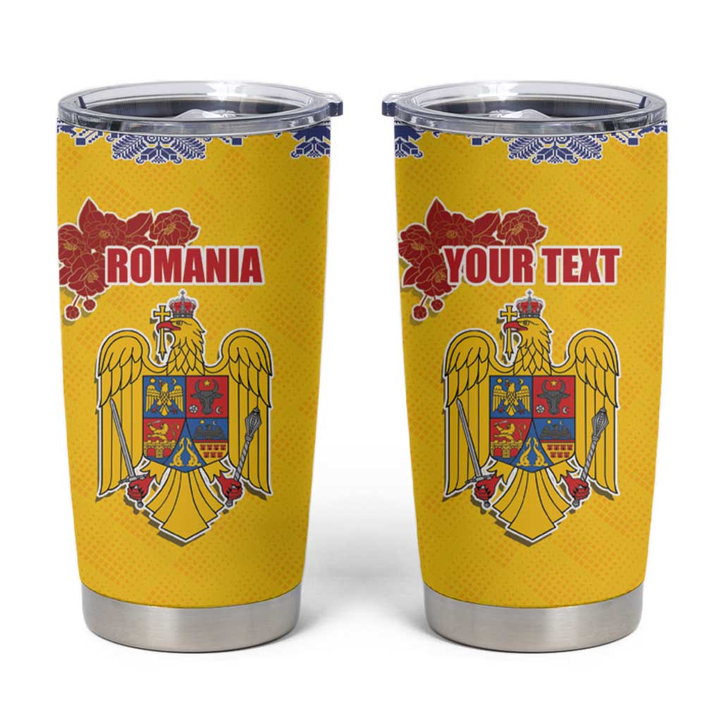 Personalized Vintage Romania Coat of Arms Tumbler Cup Golden Eagle with Romanian Peony