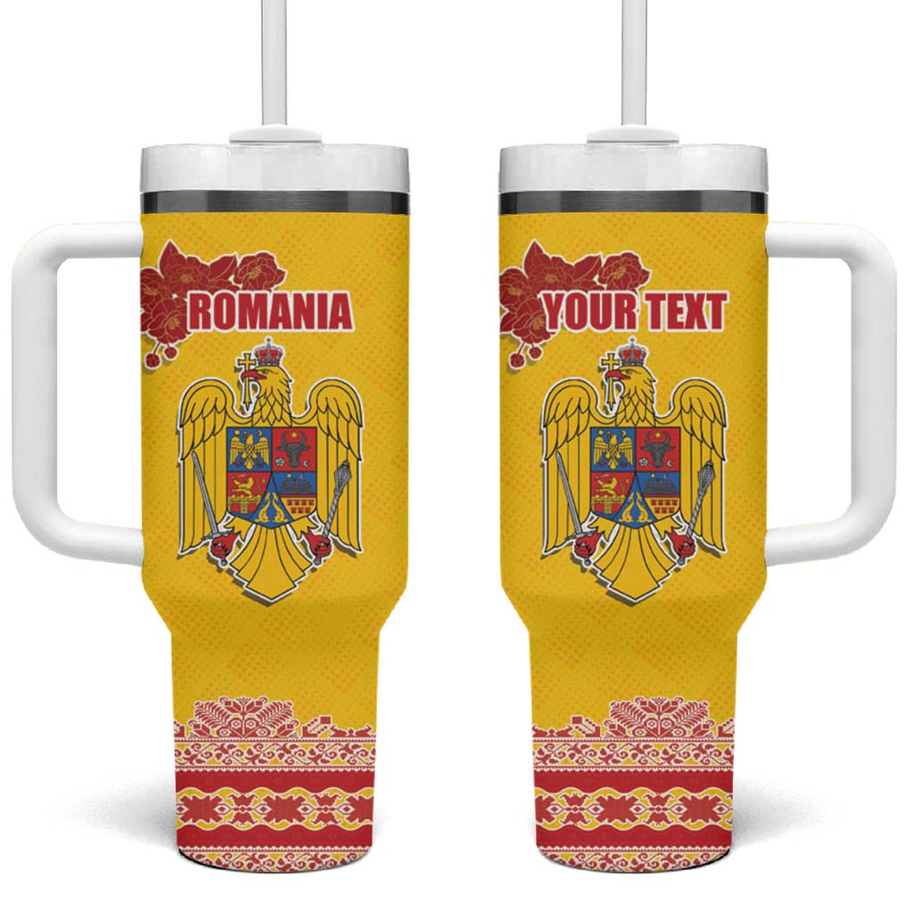 Personalized Vintage Romania Coat of Arms Tumbler With Handle Golden Eagle with Romanian Peony