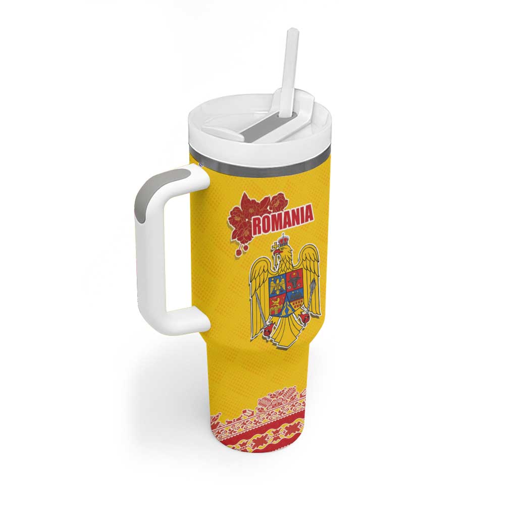 Personalized Vintage Romania Coat of Arms Tumbler With Handle Golden Eagle with Romanian Peony