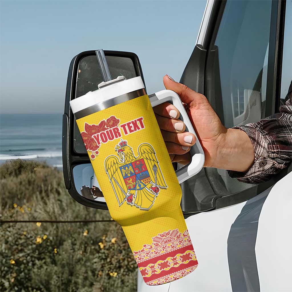 Personalized Vintage Romania Coat of Arms Tumbler With Handle Golden Eagle with Romanian Peony