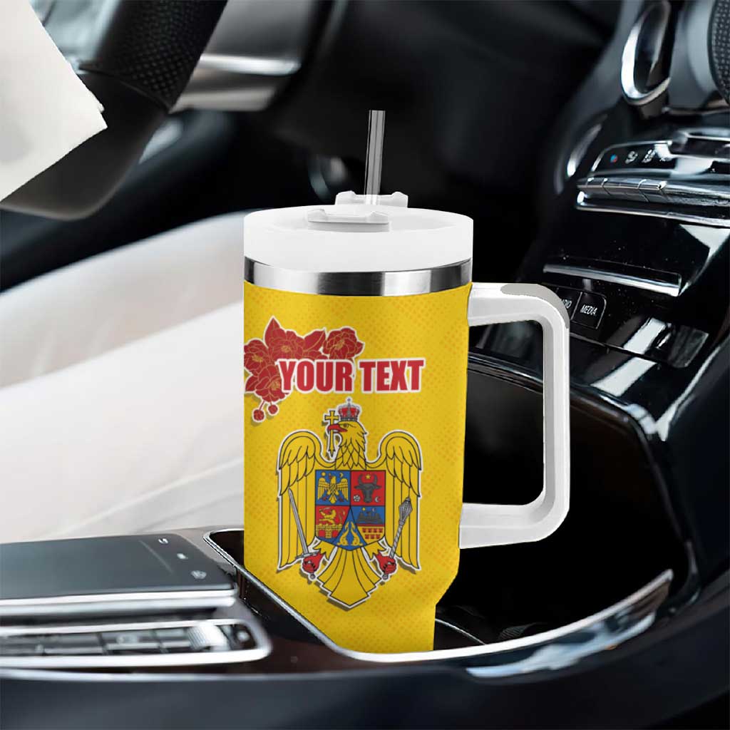 Personalized Vintage Romania Coat of Arms Tumbler With Handle Golden Eagle with Romanian Peony