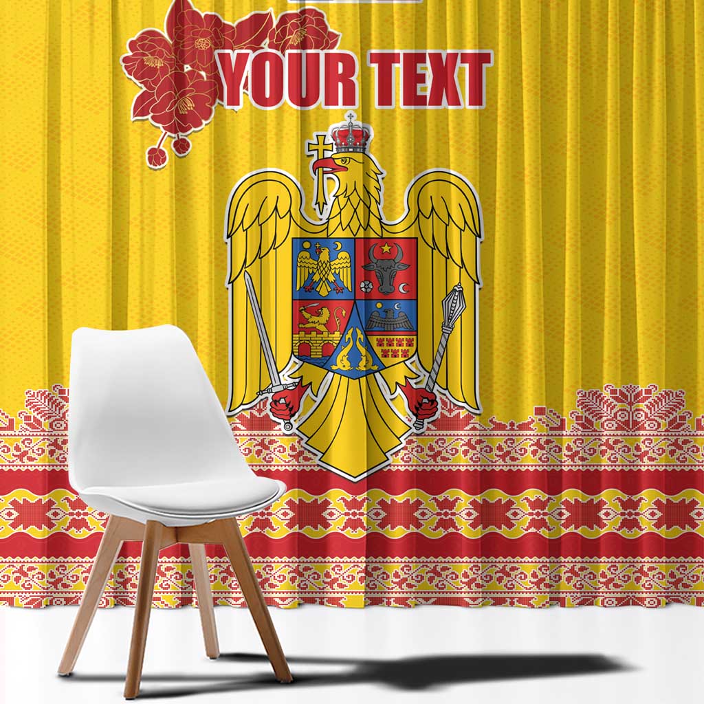 Personalized Vintage Romania Coat of Arms Window Curtain Golden Eagle with Romanian Peony