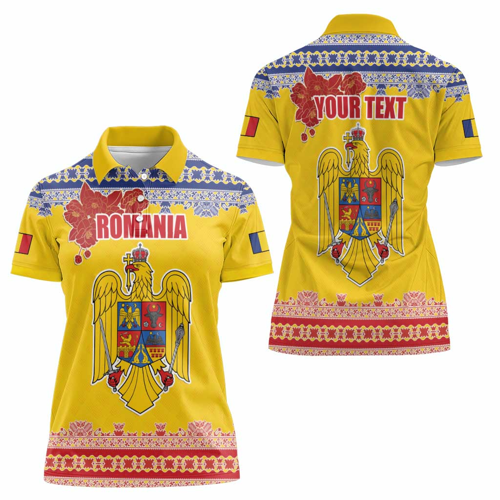 Personalized Vintage Romania Coat of Arms Women Polo Shirt Golden Eagle with Romanian Peony
