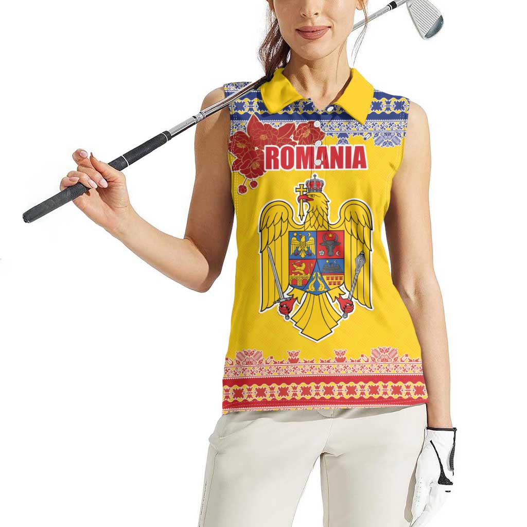 Personalized Vintage Romania Coat of Arms Women Sleeveless Polo Shirt Golden Eagle with Romanian Peony