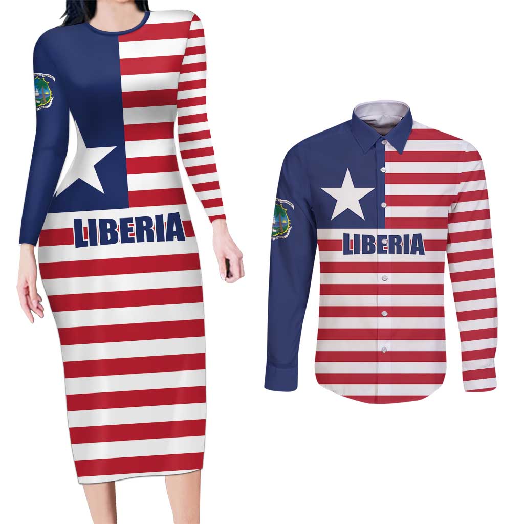 Liberia Flag Style Couples Matching Long Sleeve Bodycon Dress and Long Sleeve Button Shirt The Love of Liberty Brought Us Here