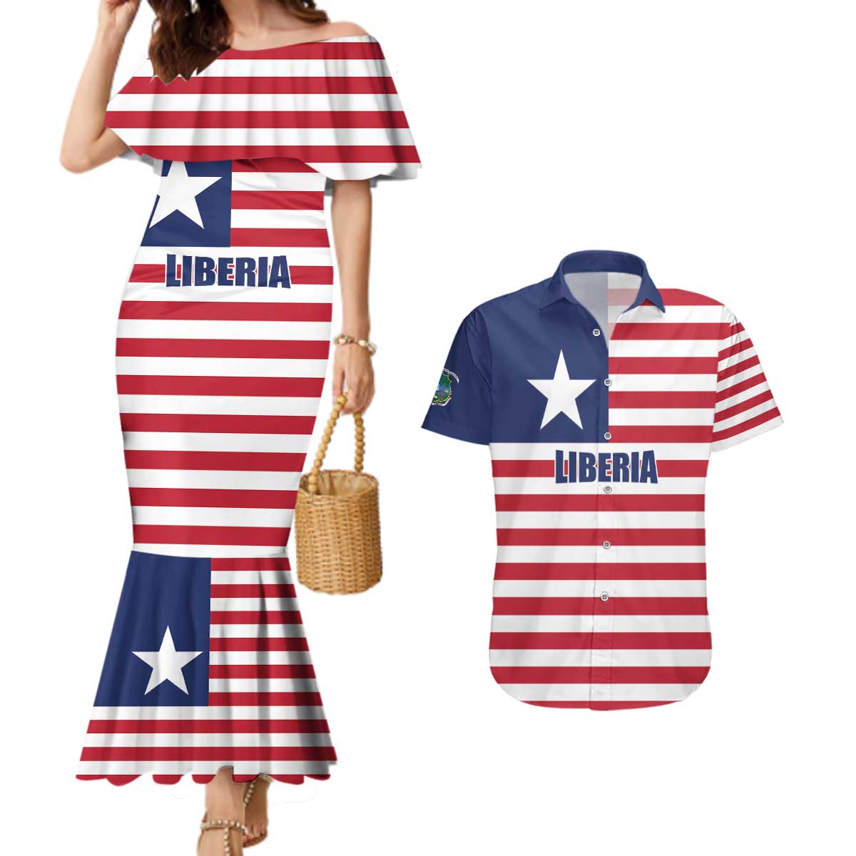 Liberia Flag Style Couples Matching Mermaid Dress and Hawaiian Shirt The Love of Liberty Brought Us Here