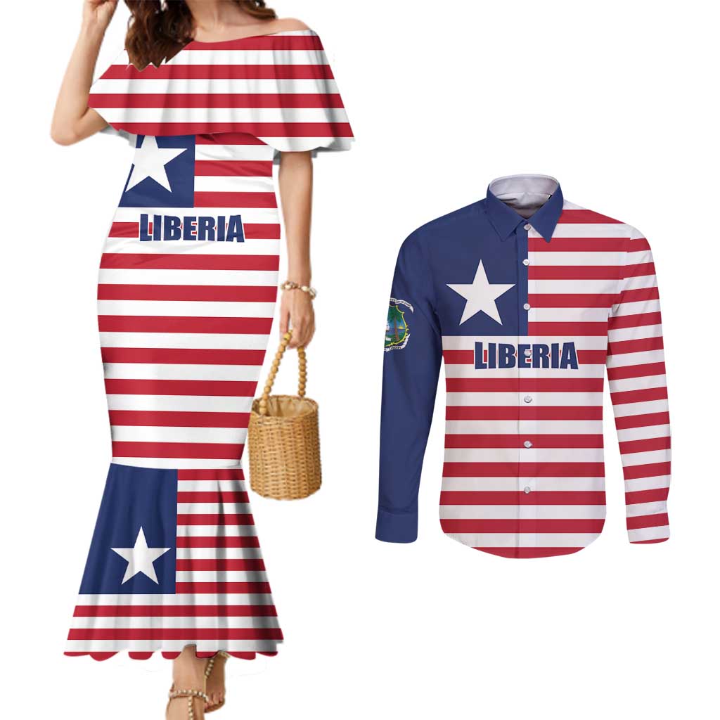 Liberia Flag Style Couples Matching Mermaid Dress and Long Sleeve Button Shirt The Love of Liberty Brought Us Here