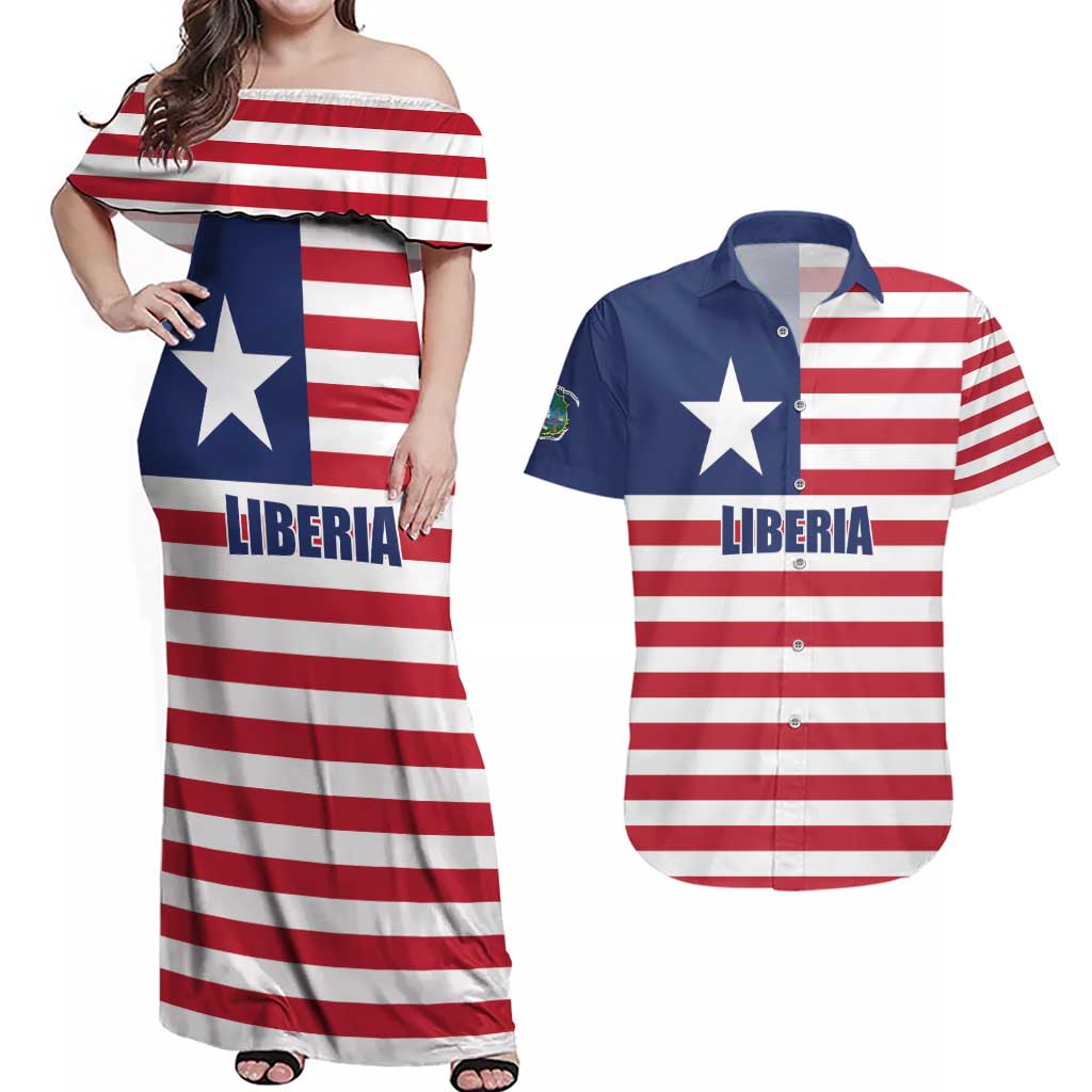 Liberia Flag Style Couples Matching Off Shoulder Maxi Dress and Hawaiian Shirt The Love of Liberty Brought Us Here