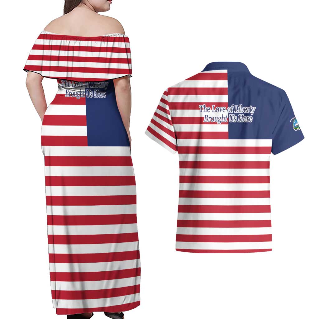 Liberia Flag Style Couples Matching Off Shoulder Maxi Dress and Hawaiian Shirt The Love of Liberty Brought Us Here