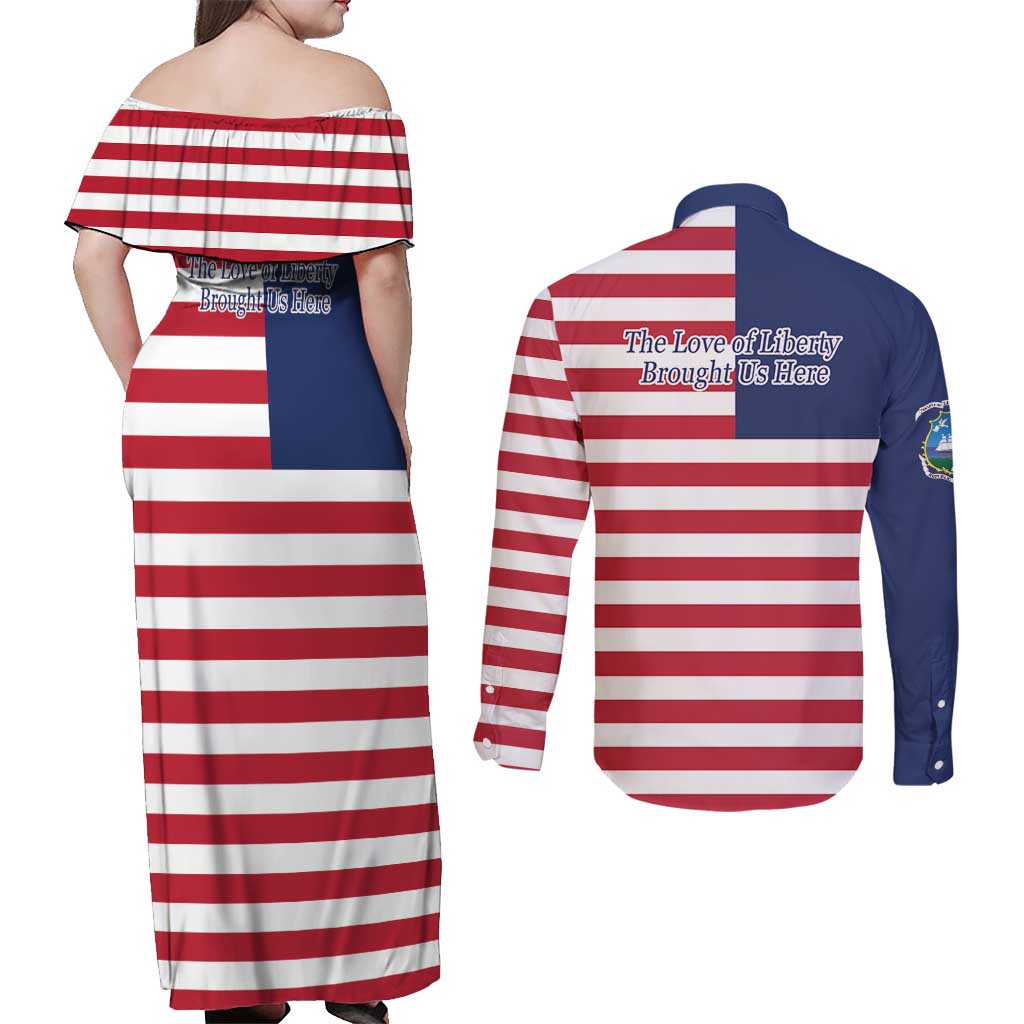 Liberia Flag Style Couples Matching Off Shoulder Maxi Dress and Long Sleeve Button Shirt The Love of Liberty Brought Us Here