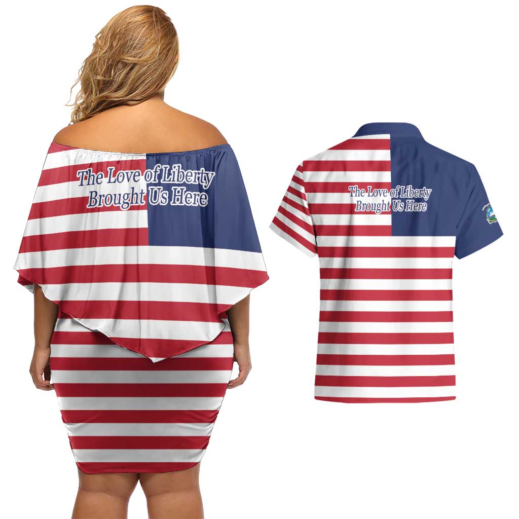 Liberia Flag Style Couples Matching Off Shoulder Short Dress and Hawaiian Shirt The Love of Liberty Brought Us Here