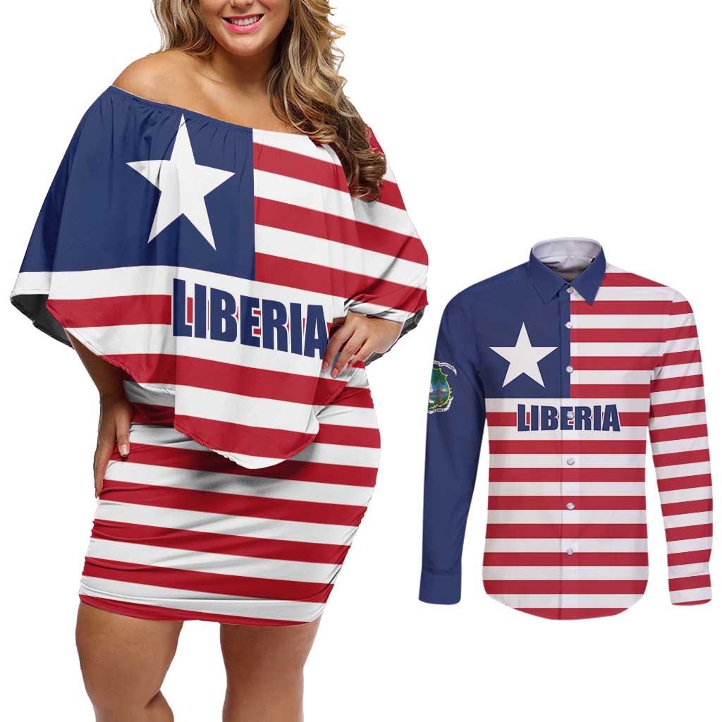 Liberia Flag Style Couples Matching Off Shoulder Short Dress and Long Sleeve Button Shirt The Love of Liberty Brought Us Here