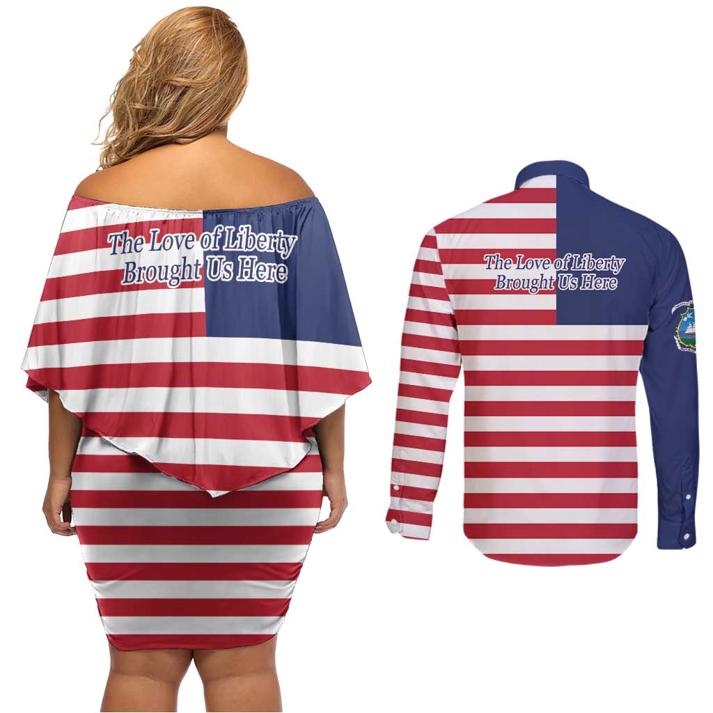 Liberia Flag Style Couples Matching Off Shoulder Short Dress and Long Sleeve Button Shirt The Love of Liberty Brought Us Here