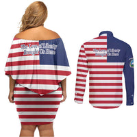 Liberia Flag Style Couples Matching Off Shoulder Short Dress and Long Sleeve Button Shirt The Love of Liberty Brought Us Here