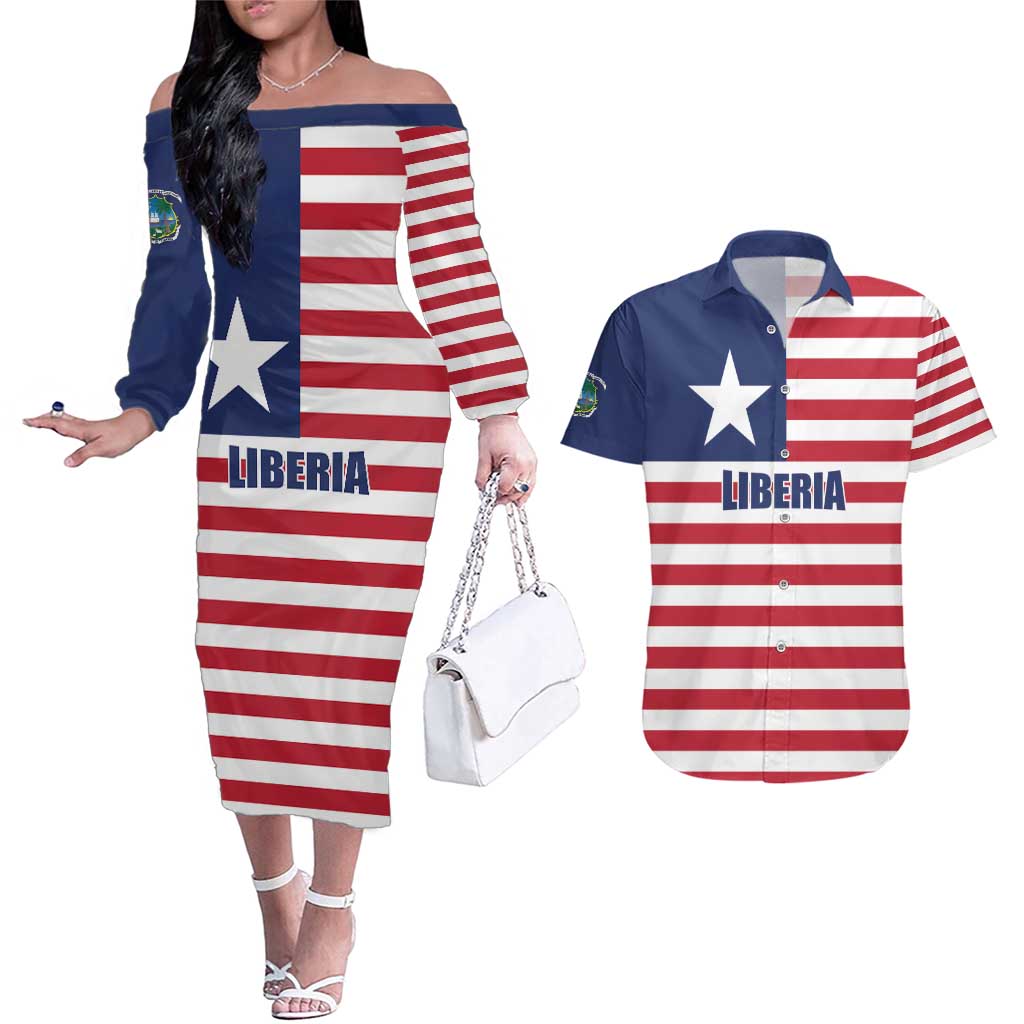 Liberia Flag Style Couples Matching Off The Shoulder Long Sleeve Dress and Hawaiian Shirt The Love of Liberty Brought Us Here