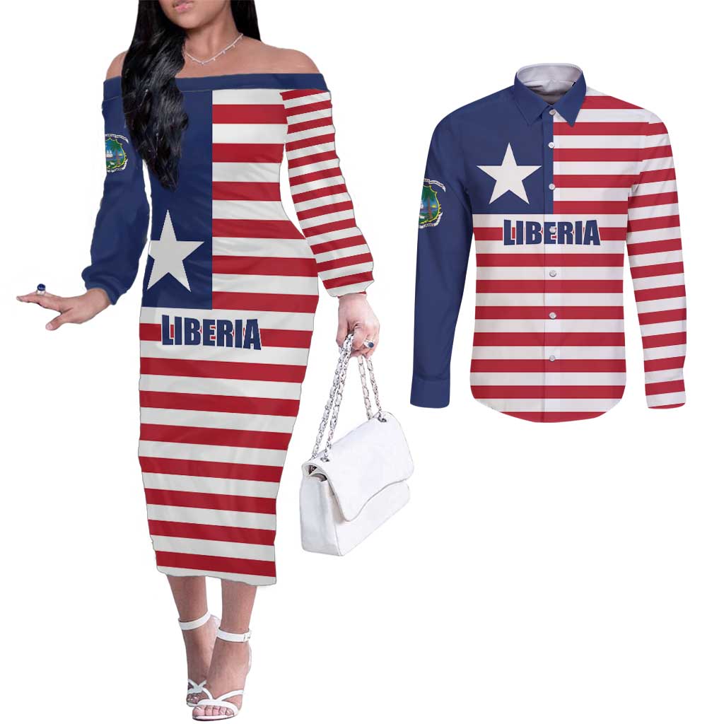 Liberia Flag Style Couples Matching Off The Shoulder Long Sleeve Dress and Long Sleeve Button Shirt The Love of Liberty Brought Us Here