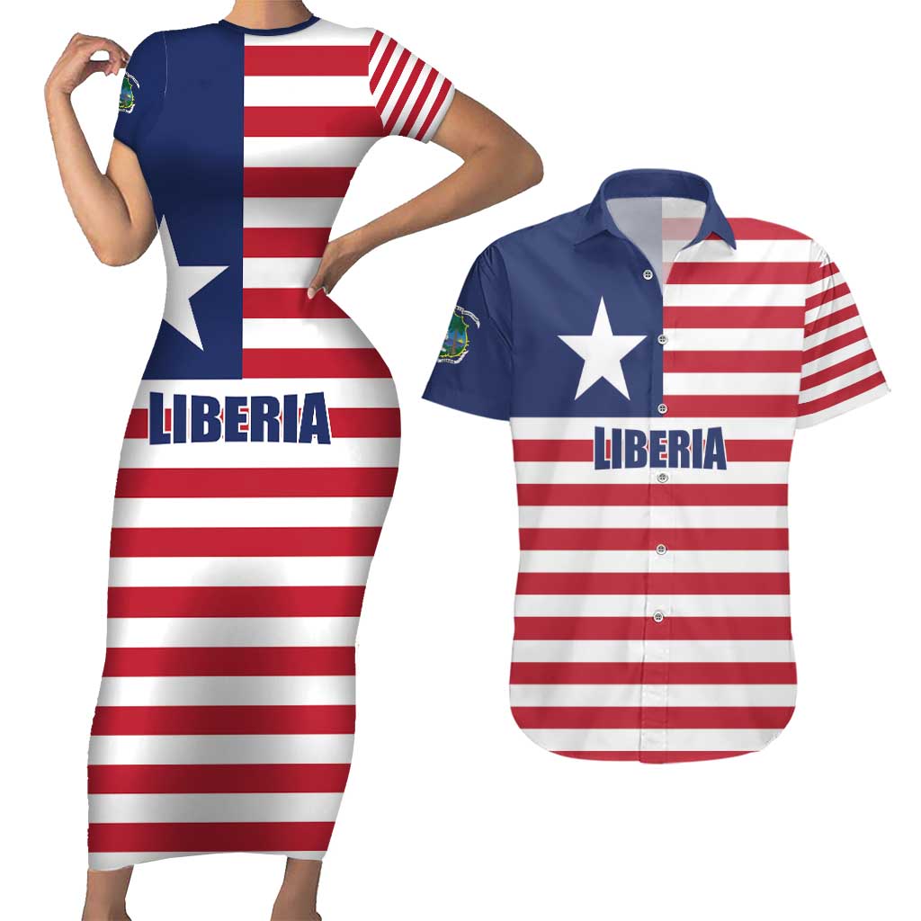 Liberia Flag Style Couples Matching Short Sleeve Bodycon Dress and Hawaiian Shirt The Love of Liberty Brought Us Here