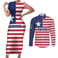 Liberia Flag Style Couples Matching Short Sleeve Bodycon Dress and Long Sleeve Button Shirt The Love of Liberty Brought Us Here