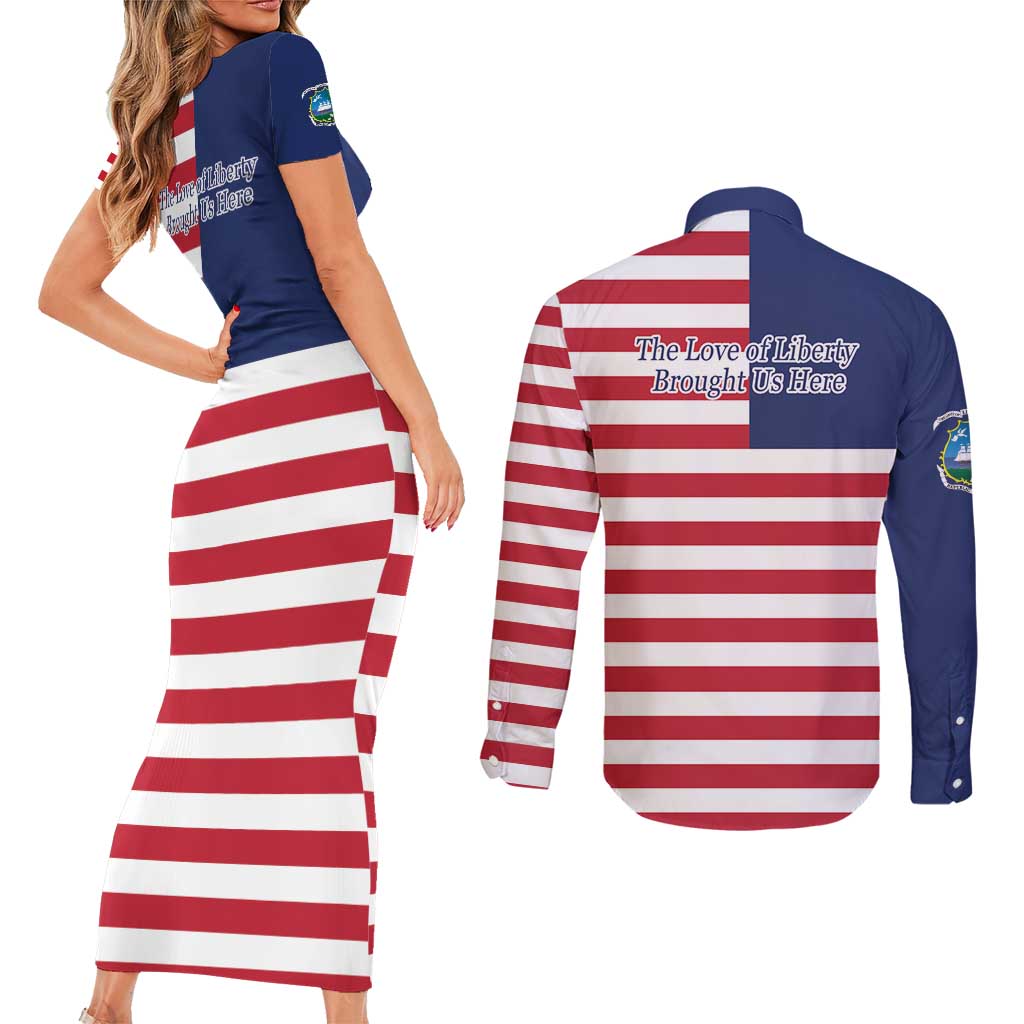 Liberia Flag Style Couples Matching Short Sleeve Bodycon Dress and Long Sleeve Button Shirt The Love of Liberty Brought Us Here