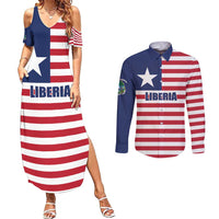Liberia Flag Style Couples Matching Summer Maxi Dress and Long Sleeve Button Shirt The Love of Liberty Brought Us Here