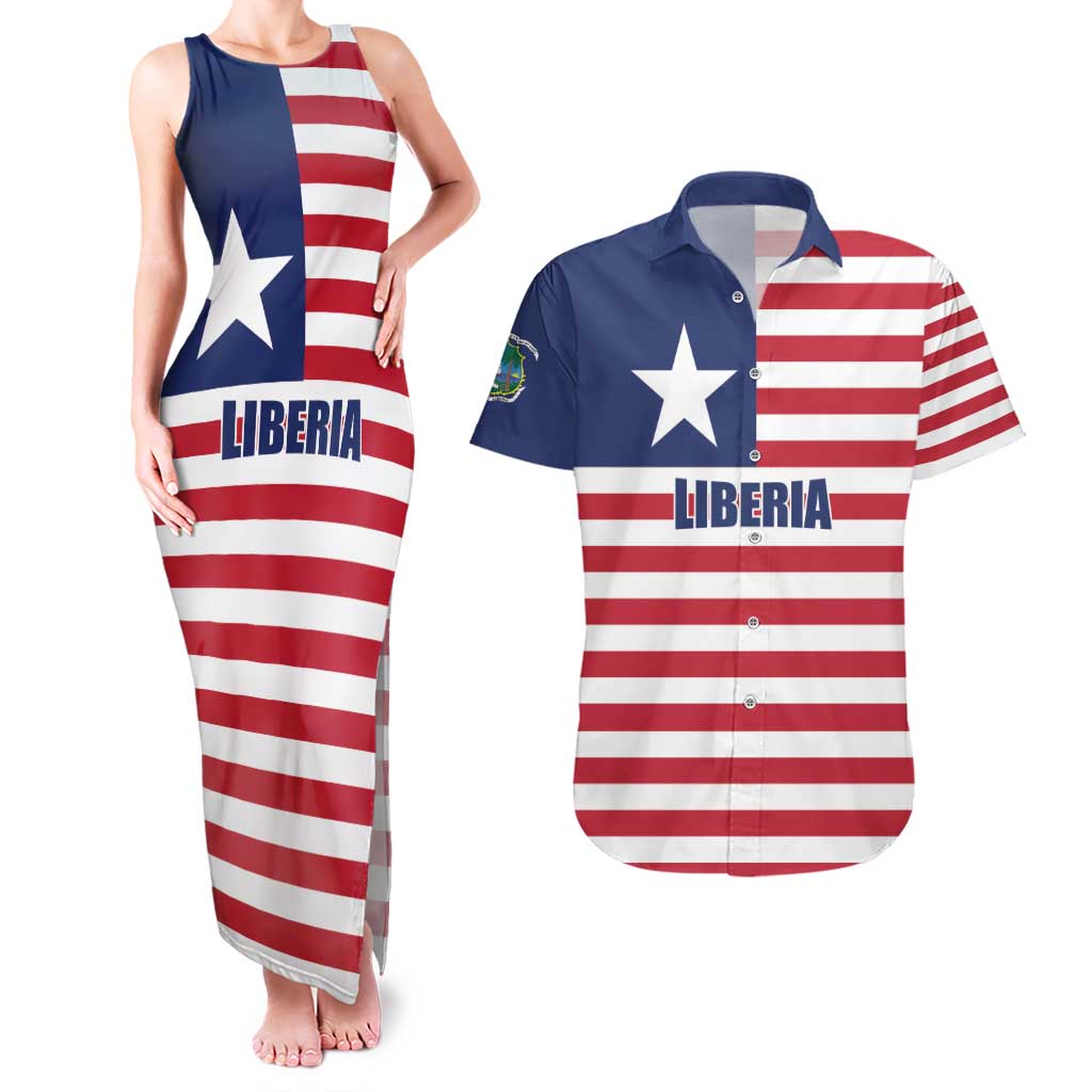 Liberia Flag Style Couples Matching Tank Maxi Dress and Hawaiian Shirt The Love of Liberty Brought Us Here