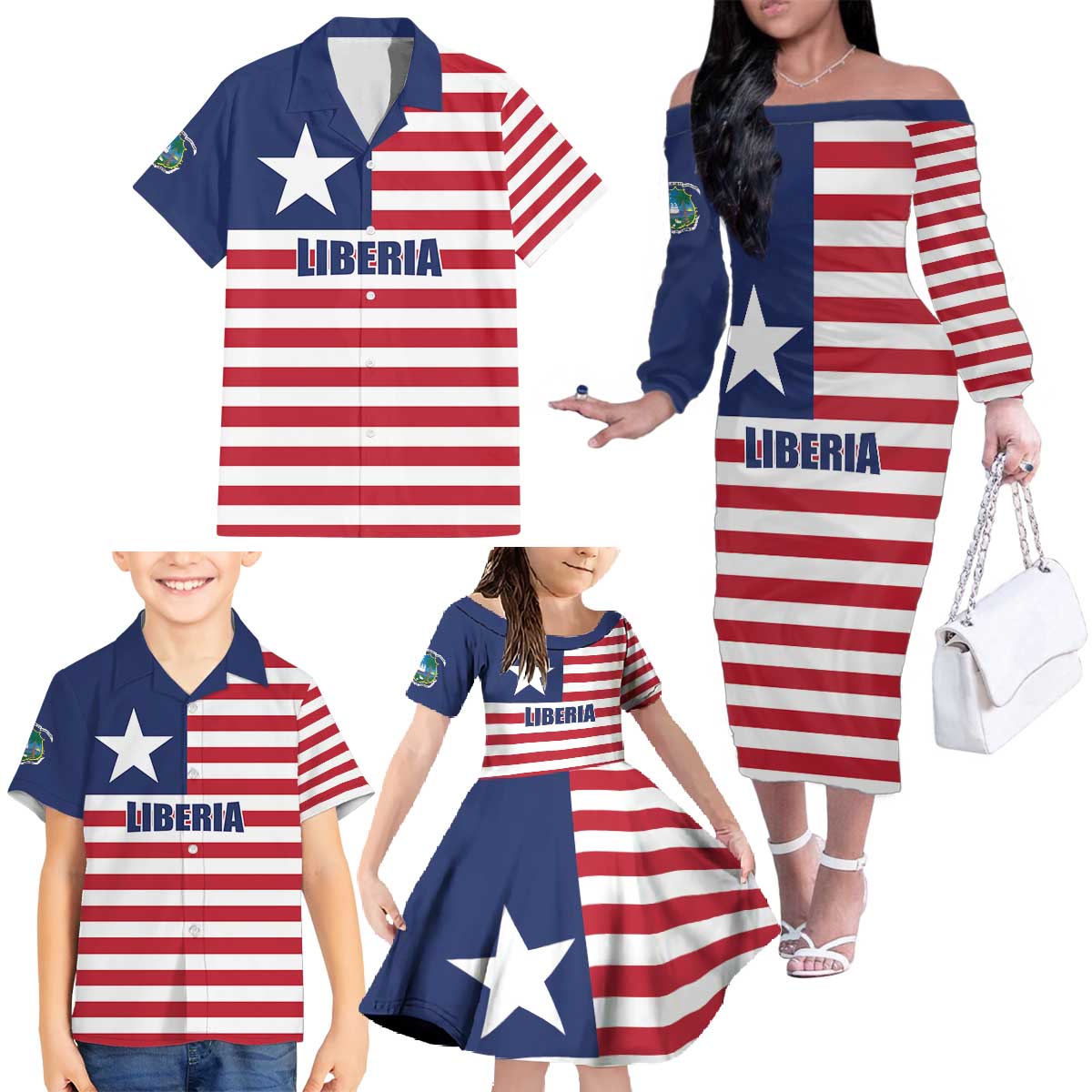 Liberia Flag Style Family Matching Off The Shoulder Long Sleeve Dress and Hawaiian Shirt The Love of Liberty Brought Us Here